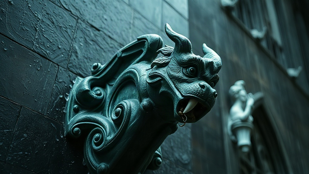 Rain-washed gargoyle spout on dark granite